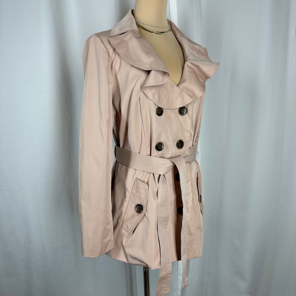 Sandro Studio Blush Pink Ruffle Trench Coat Women's M Belted Lightweight Jacket